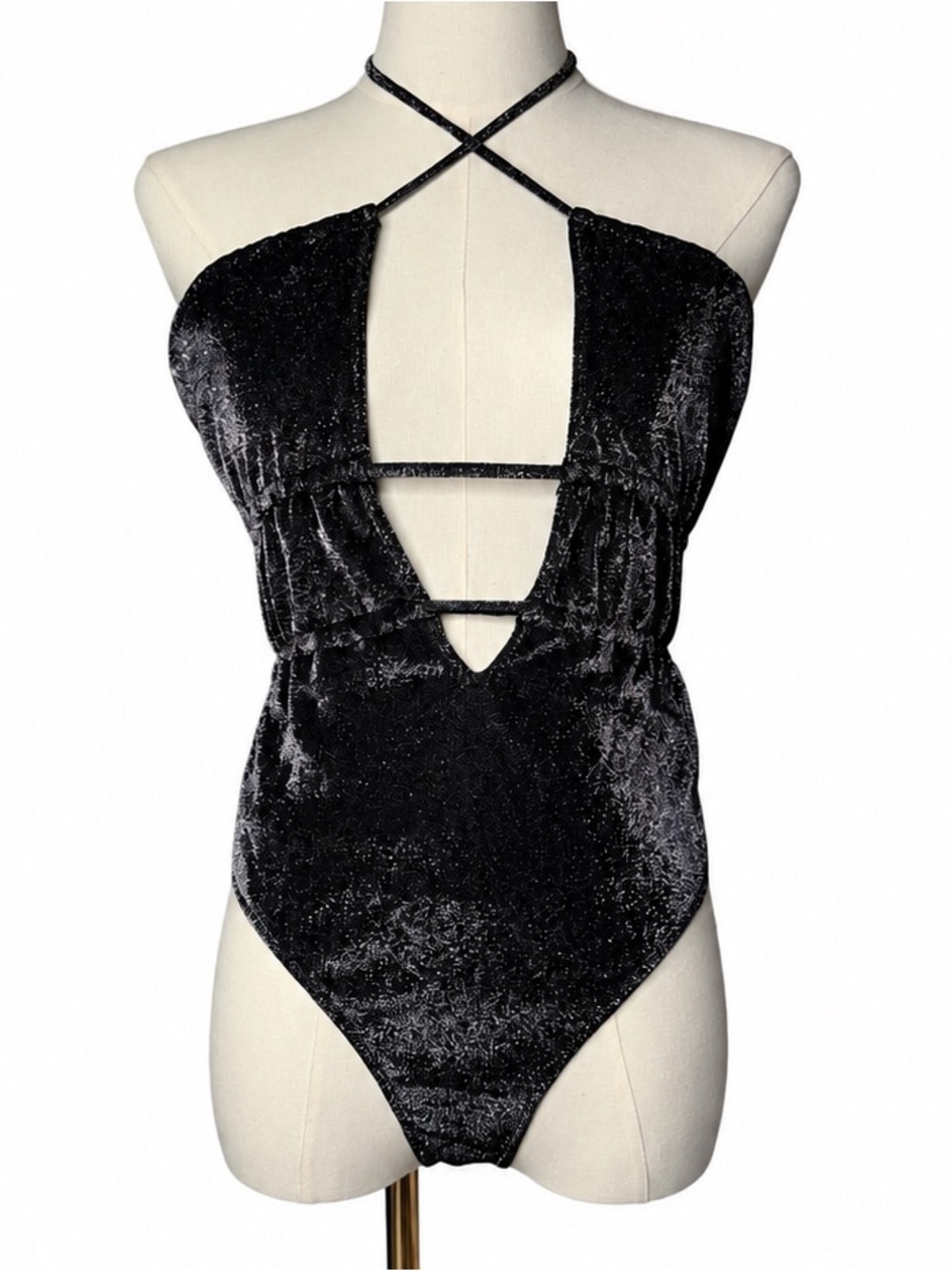 NWT Ramy Brook Marta Black Shimmer Metallic Plunge One-Piece Swimsuit Crisscross - Picture 4 of 15